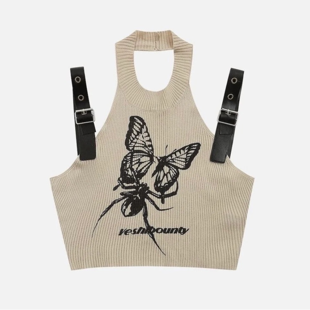 SOLD❤️‍🔥Printed Knit Halter Crop Top with Faux Leather Straps size Small